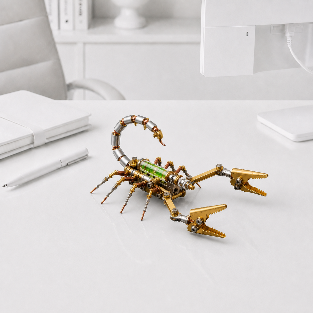 3D Metall Spinne Skorpion – detailgetreu nach Produktreferenz auf weißem Schreibtisch