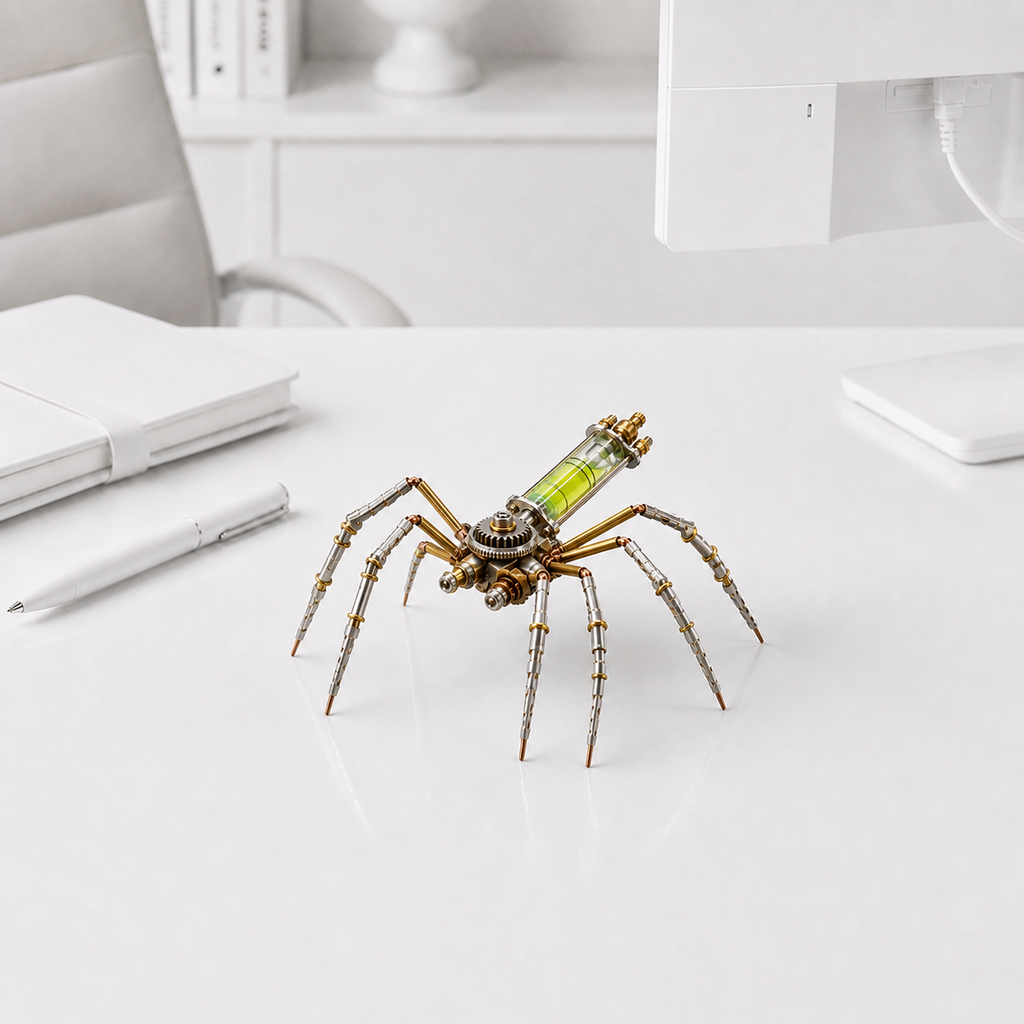 3D Puzzel Metall 25 – Mechanische Spinne auf einem weißen Schreibtisch
