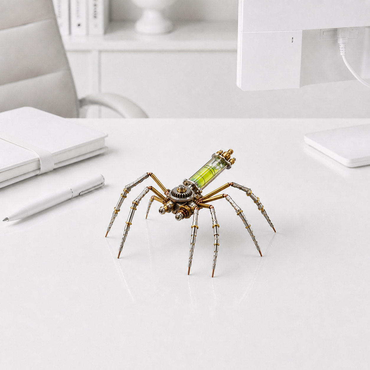 3D Puzzel Metall 25 – Mechanische Spinne auf einem weißen Schreibtisch