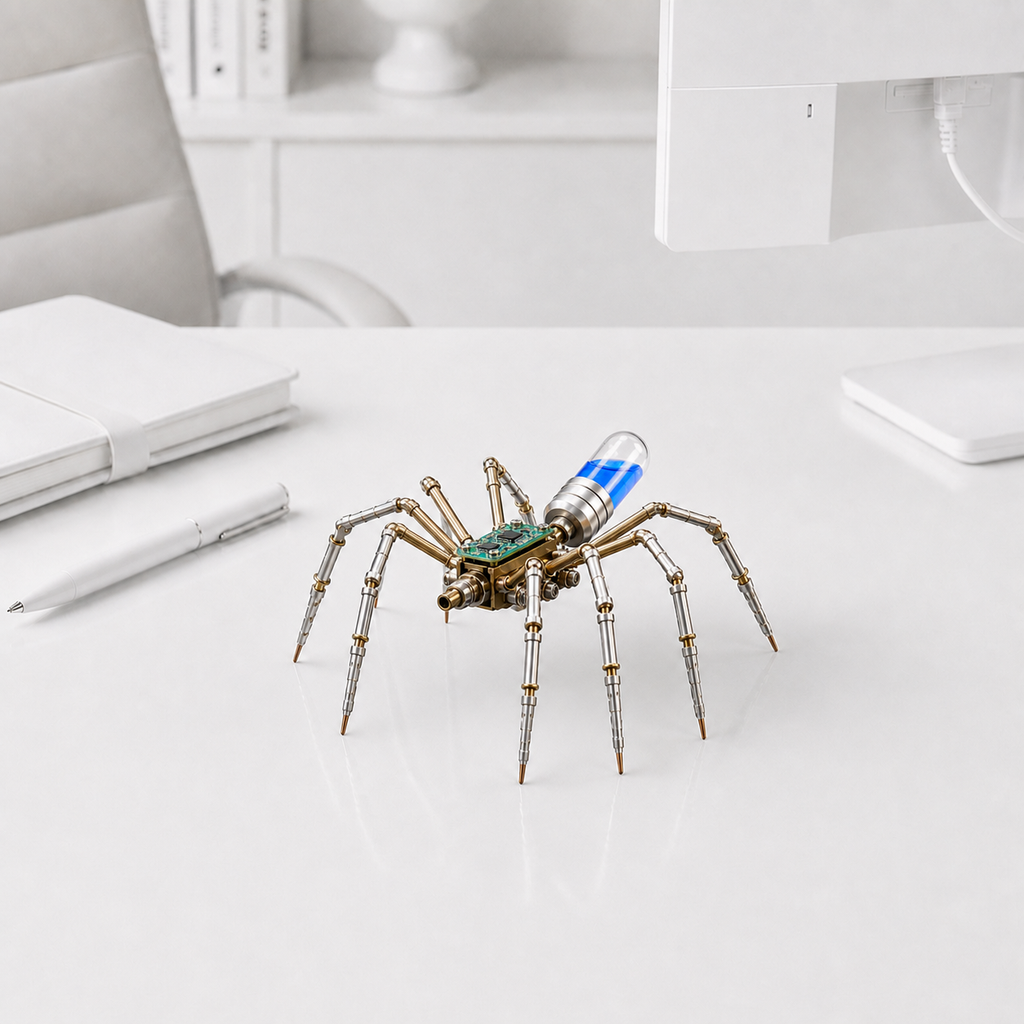 3D Puzzel Metall 55 – Mechanische Spinne mit blauer Kapsel auf weißem Schreibtisch