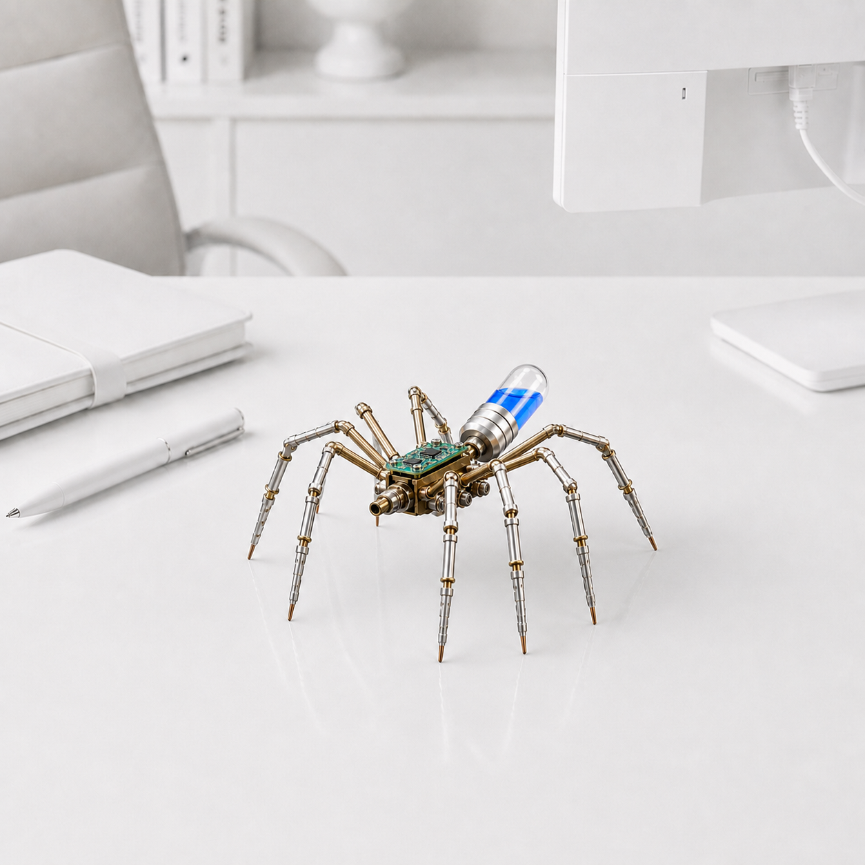 3D Puzzel Metall 55 – Mechanische Spinne mit blauer Kapsel auf weißem Schreibtisch